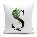 - Rh-K9476-Gorsel1 - Realhomes Beyaz Zemin Yaprak Motifli Siyah Ş Harfi Özel Tasarım Dijital Baskılı Yastık Kırlent Kılıfı Realhomes