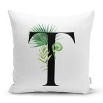 - Rh-K9477-Gorsel1 - Realhomes Beyaz Zemin Yaprak Motifli Siyah T Harfi Özel Tasarım Dijital Baskılı Yastık Kırlent Kılıfı Realhomes