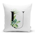 Beyaz Zemin Yaprak Motifli Siyah U Harfi Özel Tasarım Dijital Baskılı Yastık Kırlent Kılıfı Realhomes