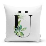 - Rh-K9479-Gorsel1 - Realhomes Beyaz Zemin Yaprak Motifli Siyah Ü Harfi Özel Tasarım Dijital Baskılı Yastık Kırlent Kılıfı Realhomes