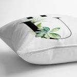 - Rh-K9479-Gorsel3 - Realhomes Beyaz Zemin Yaprak Motifli Siyah Ü Harfi Özel Tasarım Dijital Baskılı Yastık Kırlent Kılıfı Realhomes