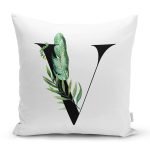 Beyaz Zemin Yaprak Motifli Siyah V Harfi Özel Tasarım Dijital Baskılı Yastık Kırlent Kılıfı Realhomes