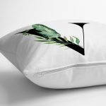 Beyaz Zemin Yaprak Motifli Siyah V Harfi Özel Tasarım Dijital Baskılı Yastık Kırlent Kılıfı Realhomes