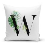 Beyaz Zemin Yaprak Motifli Siyah W Harfi Özel Tasarım Dijital Baskılı Yastık Kırlent Kılıfı Realhomes