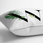 Beyaz Zemin Yaprak Motifli Siyah W Harfi Özel Tasarım Dijital Baskılı Yastık Kırlent Kılıfı Realhomes