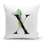 Beyaz Zemin Yaprak Motifli Siyah X Harfi Özel Tasarım Dijital Baskılı Yastık Kırlent Kılıfı Realhomes