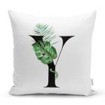 Beyaz Zemin Yaprak Motifli Siyah Y Harfi Özel Tasarım Dijital Baskılı Yastık Kırlent Kılıfı Realhomes