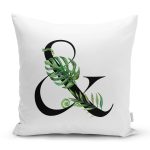 Beyaz Zemin Yaprak Motifli Siyah & Harfi Özel Tasarım Dijital Baskılı Yastık Kırlent Kılıfı Realhomes