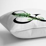 Beyaz Zemin Yaprak Motifli Siyah & Harfi Özel Tasarım Dijital Baskılı Yastık Kırlent Kılıfı Realhomes