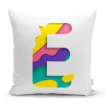 - Rh-K9501-Gorsel1 - Realhomes Beyaz Zemin Renkli E Harfli Özel Tasarım Dijital Baskılı Yastık Kırlent Kılıfı Realhomes