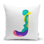 - Rh-K9507-Gorsel1 - Realhomes Beyaz Zemin Renkli J Harfli Özel Tasarım Dijital Baskılı Yastık Kırlent Kılıfı Realhomes