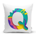 Beyaz Zemin Renkli Q Harfli Özel Tasarım Dijital Baskılı Yastık Kırlent Kılıfı Realhomes