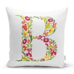 - Rh-K9529-Gorsel1 - Realhomes Beyaz Zemin Yaprak Temalı B Harfi Özel Tasarım Dijital Baskılı Yastık Kırlent Kılıfı Realhomes
