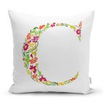 Beyaz Zemin Yaprak Temalı C Harfi Özel Tasarım Dijital Baskılı Yastık Kırlent Kılıfı Realhomes