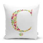 - Rh-K9531-Gorsel1 - Realhomes Beyaz Zemin Yaprak Temalı Ç Harfi Özel Tasarım Dijital Baskılı Yastık Kırlent Kılıfı Realhomes