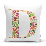 Beyaz Zemin Yaprak Temalı D Harfi Özel Tasarım Dijital Baskılı Yastık Kırlent Kılıfı Realhomes