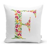 Beyaz Zemin Yaprak Temalı F Harfi Özel Tasarım Dijital Baskılı Yastık Kırlent Kılıfı Realhomes
