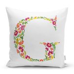 Beyaz Zemin Yaprak Temalı G Harfi Özel Tasarım Dijital Baskılı Yastık Kırlent Kılıfı Realhomes