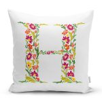 Beyaz Zemin Yaprak Temalı H Harfi Özel Tasarım Dijital Baskılı Yastık Kırlent Kılıfı Realhomes