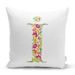 - Rh-K9537-Gorsel1 - Realhomes Beyaz Zemin Yaprak Temalı İ Harfi Özel Tasarım Dijital Baskılı Yastık Kırlent Kılıfı Realhomes