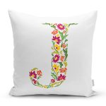 Beyaz Zemin Yaprak Temalı J Harfi Özel Tasarım Dijital Baskılı Yastık Kırlent Kılıfı Realhomes