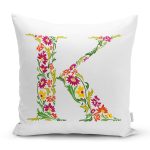 Beyaz Zemin Yaprak Temalı K Harfi Özel Tasarım Dijital Baskılı Yastık Kırlent Kılıfı Realhomes