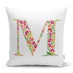 - Rh-K9542-Gorsel1 - Realhomes Beyaz Zemin Yaprak Temalı M Harfi Özel Tasarım Dijital Baskılı Yastık Kırlent Kılıfı Realhomes