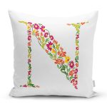 Beyaz Zemin Yaprak Temalı N Harfi Özel Tasarım Dijital Baskılı Yastık Kırlent Kılıfı Realhomes