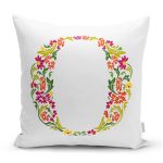 Beyaz Zemin Yaprak Temalı O Harfi Özel Tasarım Dijital Baskılı Yastık Kırlent Kılıfı Realhomes