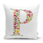 Beyaz Zemin Yaprak Temalı P Harfi Özel Tasarım Dijital Baskılı Yastık Kırlent Kılıfı Realhomes
