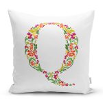 Beyaz Zemin Yaprak Temalı Q Harfi Özel Tasarım Dijital Baskılı Yastık Kırlent Kılıfı Realhomes