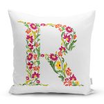 - Rh-K9548-Gorsel1 - Realhomes Beyaz Zemin Yaprak Temalı R Harfi Özel Tasarım Dijital Baskılı Yastık Kırlent Kılıfı Realhomes
