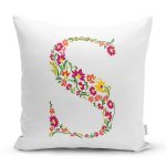 - Rh-K9549-Gorsel1 - Realhomes Beyaz Zemin Yaprak Temalı S Harfi Özel Tasarım Dijital Baskılı Yastık Kırlent Kılıfı Realhomes