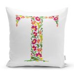 Beyaz Zemin Yaprak Temalı T Harfi Özel Tasarım Dijital Baskılı Yastık Kırlent Kılıfı Realhomes