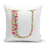 Beyaz Zemin Yaprak Temalı U Harfi Özel Tasarım Dijital Baskılı Yastık Kırlent Kılıfı Realhomes
