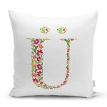 Beyaz Zemin Yaprak Temalı Ü Harfi Özel Tasarım Dijital Baskılı Yastık Kırlent Kılıfı Realhomes