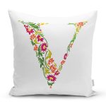 Beyaz Zemin Yaprak Temalı V Harfi Özel Tasarım Dijital Baskılı Yastık Kırlent Kılıfı Realhomes