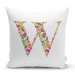 - Rh-K9555-Gorsel1 - Realhomes Beyaz Zemin Yaprak Temalı W Harfi Özel Tasarım Dijital Baskılı Yastık Kırlent Kılıfı Realhomes