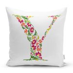 - Rh-K9556-Gorsel1 - Realhomes Beyaz Zemin Yaprak Temalı Y Harfi Özel Tasarım Dijital Baskılı Yastık Kırlent Kılıfı Realhomes