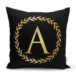 Siyah Zemin Gold Yaprak Çerçeveli A Harfi Özel Tasarım Dijital Baskılı Yastık Kırlent Kılıfı Realhomes