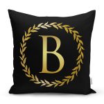 - Rh-K9560-Gorsel1 - Realhomes  Siyah Zemin Gold Yaprak Çerçeveli B Harfi Özel Tasarım Dijital Baskılı Yastık Kırlent Kılıfı Realhomes