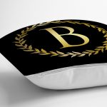 - Rh-K9560-Gorsel3 - Realhomes  Siyah Zemin Gold Yaprak Çerçeveli B Harfi Özel Tasarım Dijital Baskılı Yastık Kırlent Kılıfı Realhomes