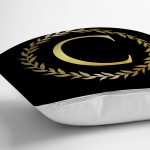 - Rh-K9561-Gorsel3 - Realhomes  Siyah Zemin Gold Yaprak Çerçeveli C Harfi Özel Tasarım Dijital Baskılı Yastık Kırlent Kılıfı Realhomes