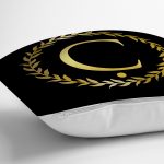 Siyah Zemin Gold Yaprak Çerçeveli Ç Harfi Özel Tasarım Dijital Baskılı Yastık Kırlent Kılıfı Realhomes