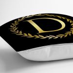 - Rh-K9563-Gorsel3 - Realhomes Siyah Zemin Gold Yaprak Çerçeveli D Harfi Özel Tasarım Dijital Baskılı Yastık Kırlent Kılıfı Realhomes