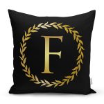 Siyah Zemin Gold Yaprak Çerçeveli F Harfi Özel Tasarım Dijital Baskılı Yastık Kırlent Kılıfı Realhomes