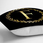 Siyah Zemin Gold Yaprak Çerçeveli F Harfi Özel Tasarım Dijital Baskılı Yastık Kırlent Kılıfı Realhomes
