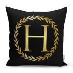 Siyah Zemin Gold Yaprak Çerçeveli H Harfi Özel Tasarım Dijital Baskılı Yastık Kırlent Kılıfı Realhomes