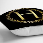 Siyah Zemin Gold Yaprak Çerçeveli H Harfi Özel Tasarım Dijital Baskılı Yastık Kırlent Kılıfı Realhomes