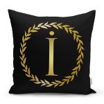 - Rh-K9568-Gorsel1 - Realhomes Siyah Zemin Gold Yaprak Çerçeveli İ Harfi Özel Tasarım Dijital Baskılı Yastık Kırlent Kılıfı Realhomes